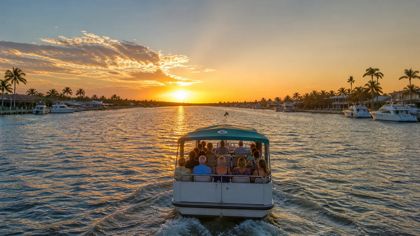 Mid-channel on the Intracoastal at sunset, with the western sky open ahead of the boat rather than blocked by the bank