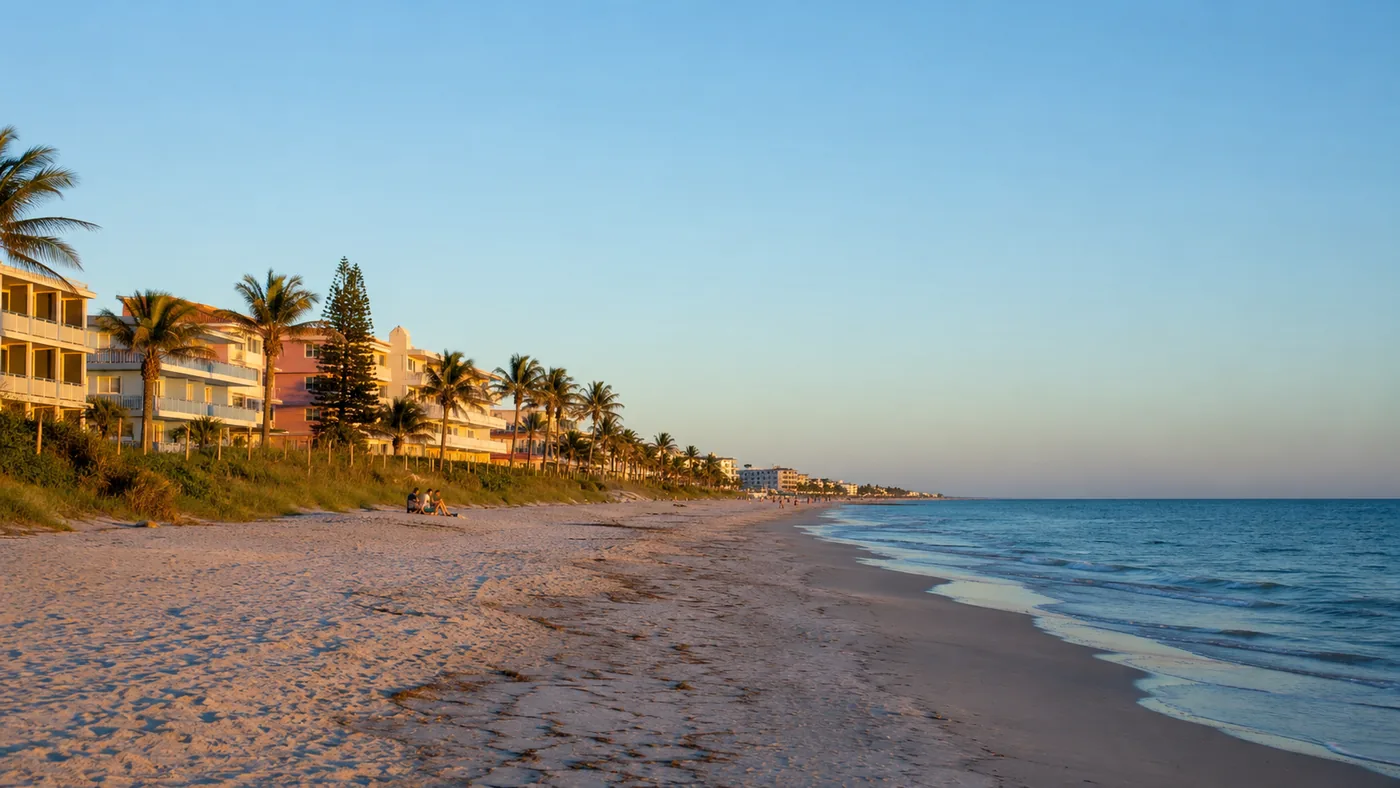 Fort Lauderdale beach in the last hour of light: the buildings are lit and the ocean is not, because the sun is behind them